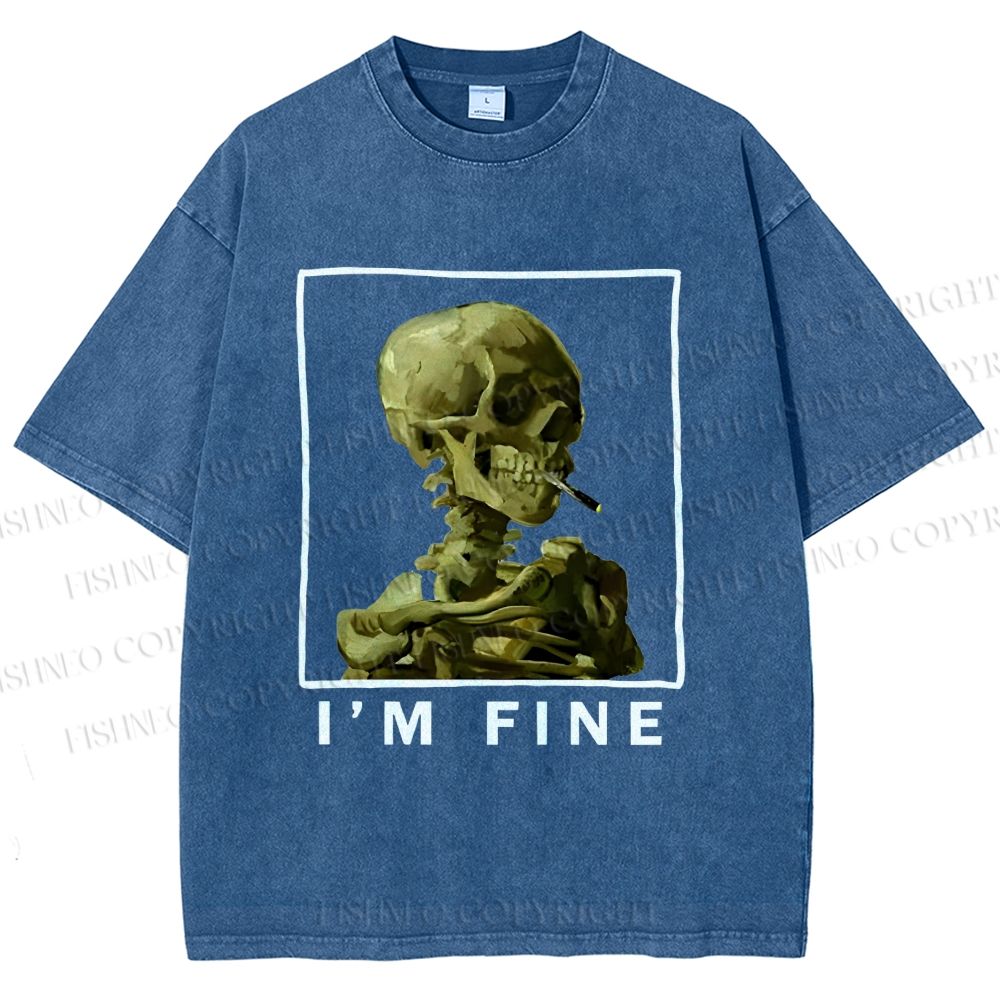 Unisex Skeleton Says Im Fine Printed Washed Tee