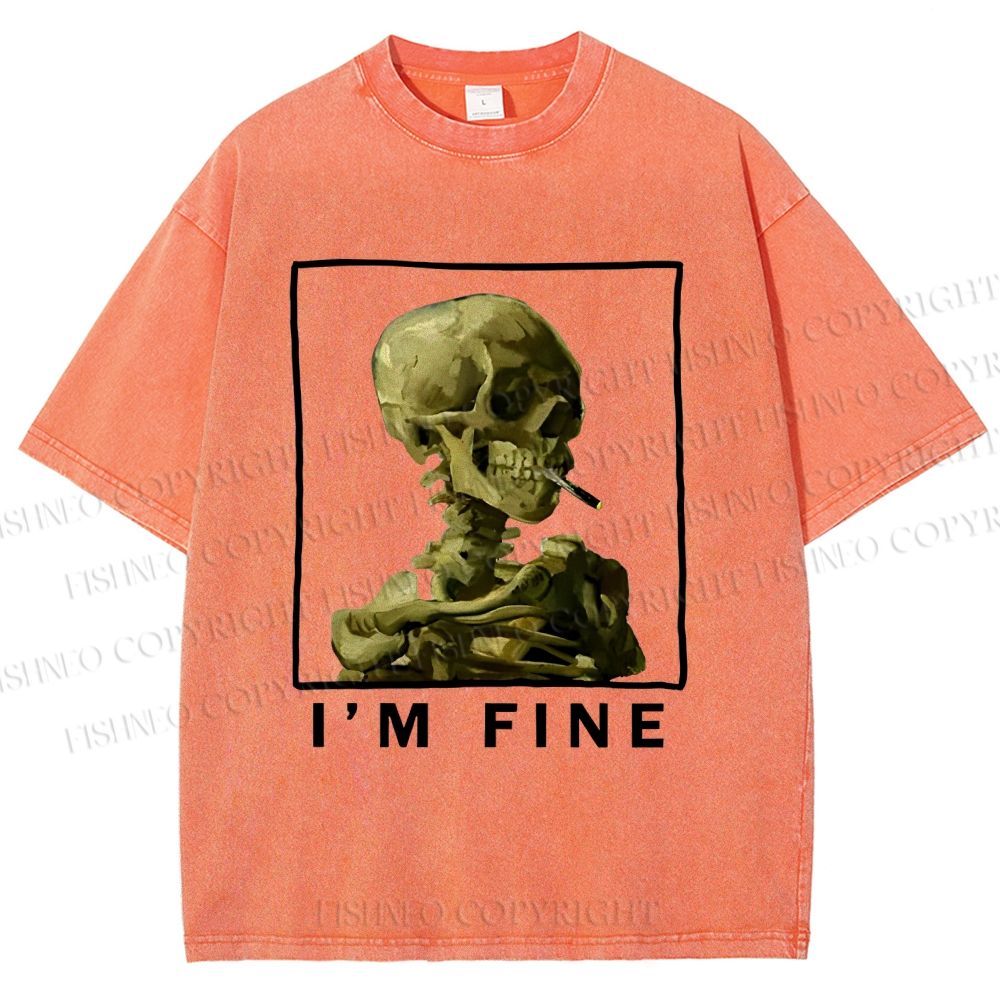 Unisex Skeleton Says Im Fine Printed Washed Tee
