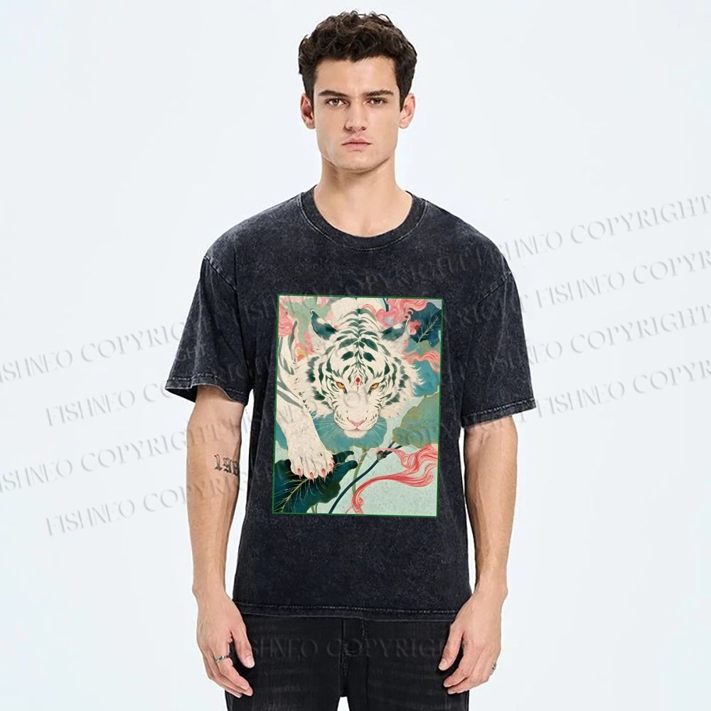 Unisex Oriental White Tiger Art Printed Washed Tee