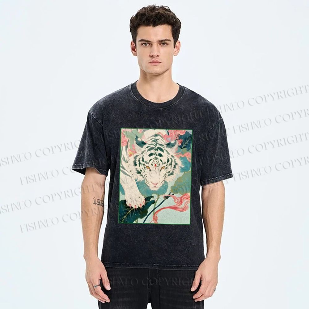 Unisex Oriental White Tiger Art Printed Washed Tee