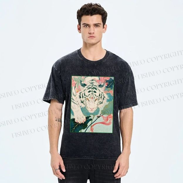 Unisex Oriental White Tiger Art Printed Washed Tee