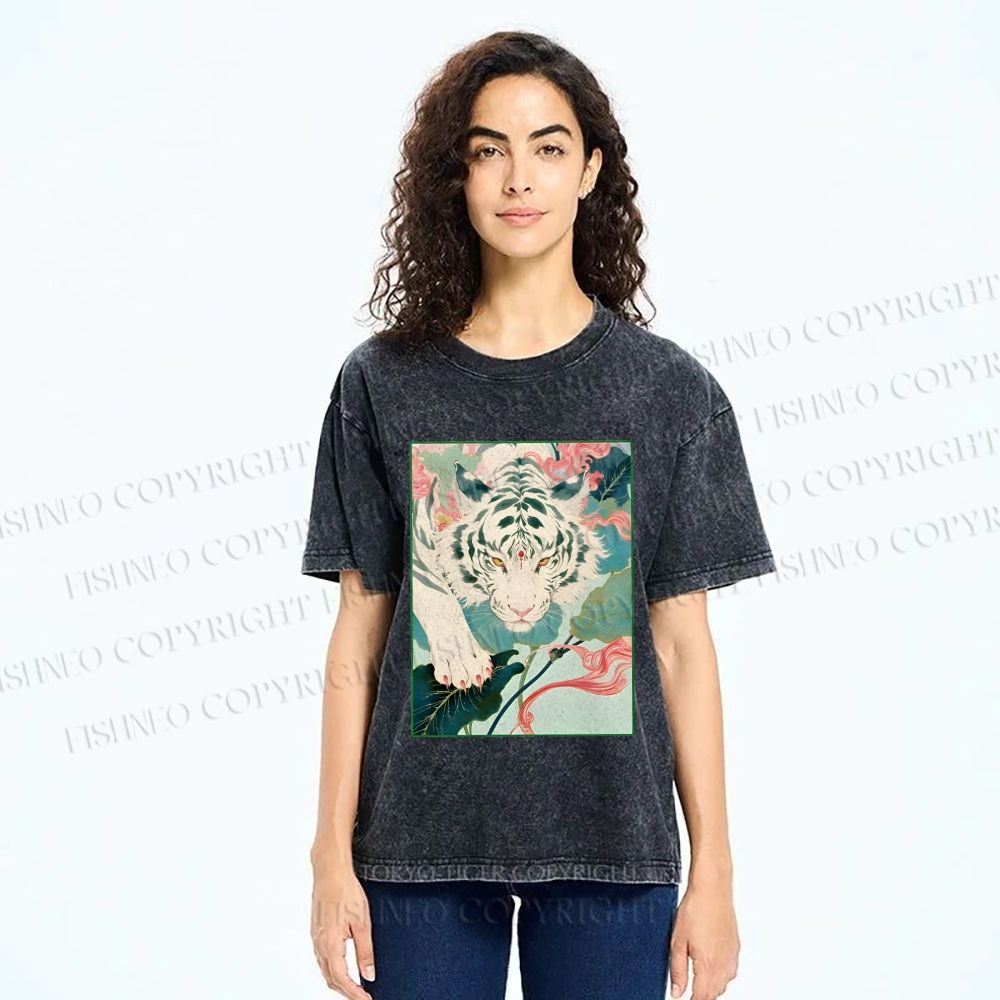 Unisex Oriental White Tiger Art Printed Washed Tee