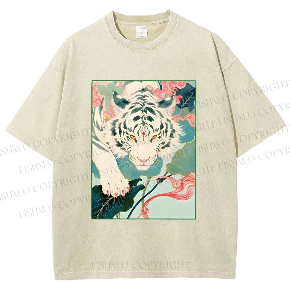 Unisex Oriental White Tiger Art Printed Washed Tee