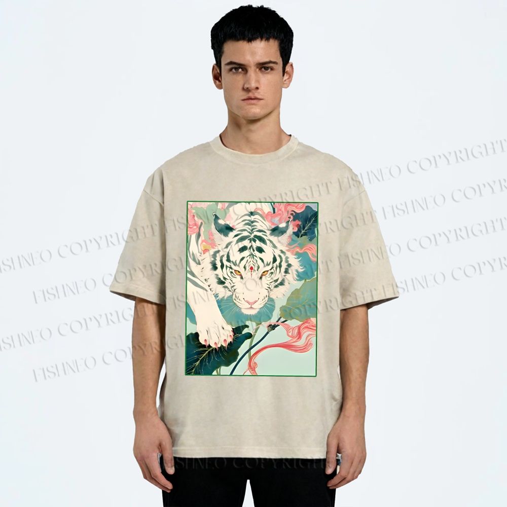 Unisex Oriental White Tiger Art Printed Washed Tee