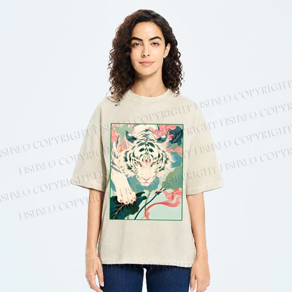 Unisex Oriental White Tiger Art Printed Washed Tee