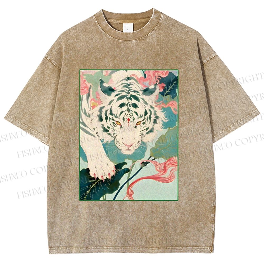 Unisex Oriental White Tiger Art Printed Washed Tee