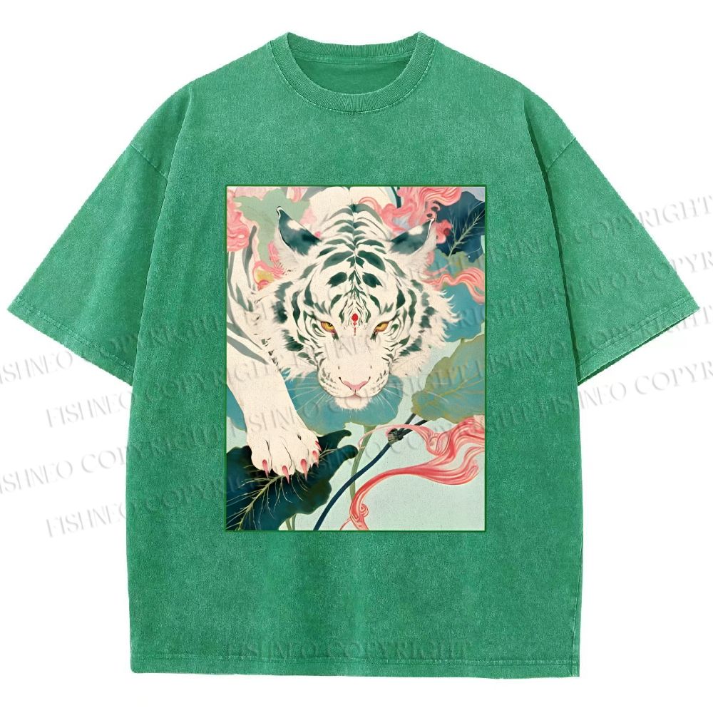 Unisex Oriental White Tiger Art Printed Washed Tee