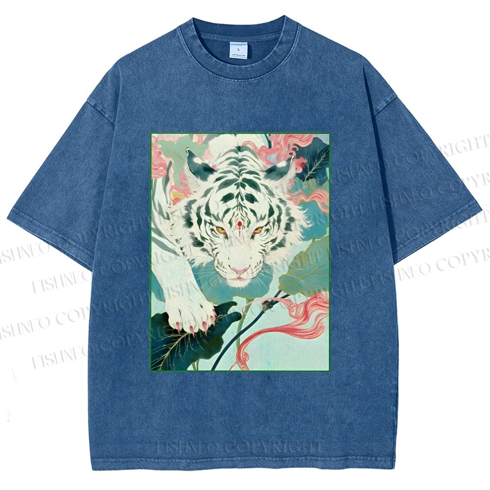 Unisex Oriental White Tiger Art Printed Washed Tee