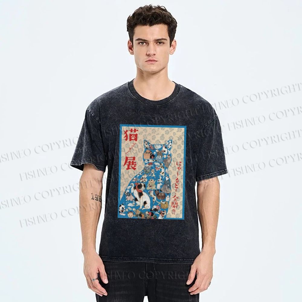 Unisex Japanese Cat Exhibition Collage Poster Printed Washed Tee