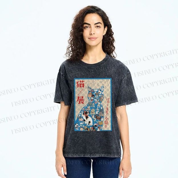 Unisex Japanese Cat Exhibition Collage Poster Printed Washed Tee