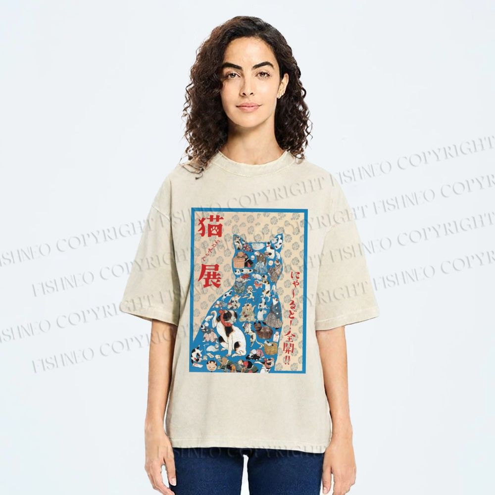 Unisex Japanese Cat Exhibition Collage Poster Printed Washed Tee