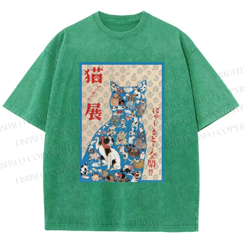 Unisex Japanese Cat Exhibition Collage Poster Printed Washed Tee