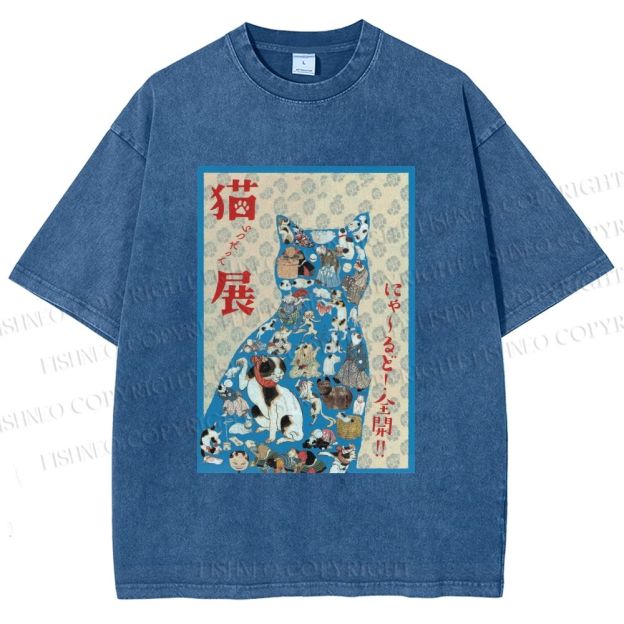 Unisex Japanese Cat Exhibition Collage Poster Printed Washed Tee