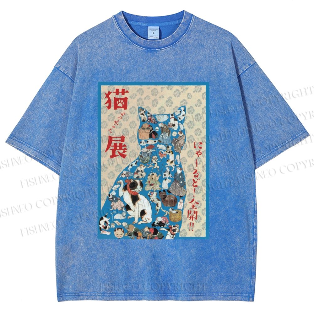 Unisex Japanese Cat Exhibition Collage Poster Printed Washed Tee