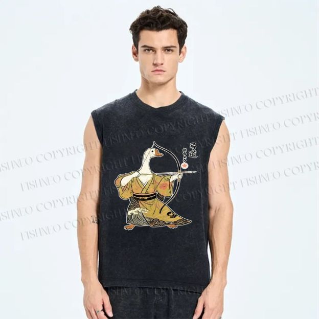 Unisex Goose In Kimono With Bow Printed Washed Tank Top