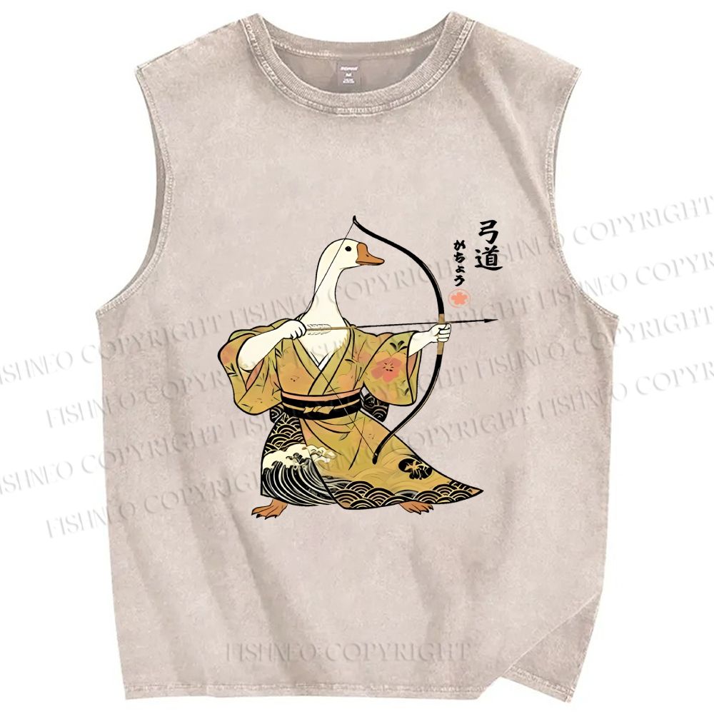 Unisex Goose In Kimono With Bow Printed Washed Tank Top
