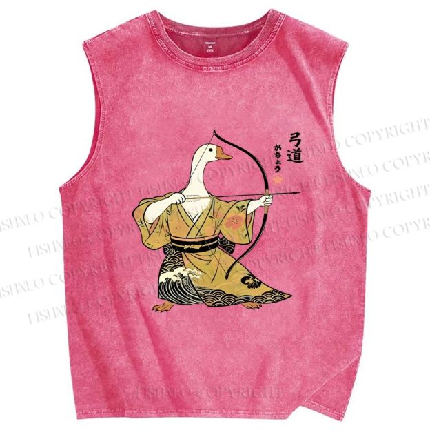 Unisex Goose In Kimono With Bow Printed Washed Tank Top