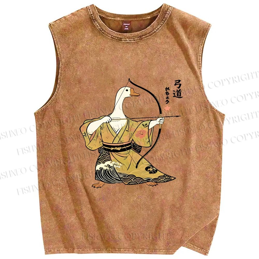 Unisex Goose In Kimono With Bow Printed Washed Tank Top