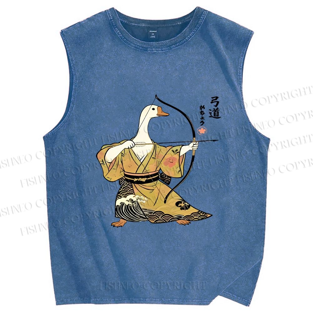 Unisex Goose In Kimono With Bow Printed Washed Tank Top