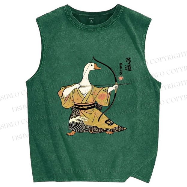 Unisex Goose In Kimono With Bow Printed Washed Tank Top