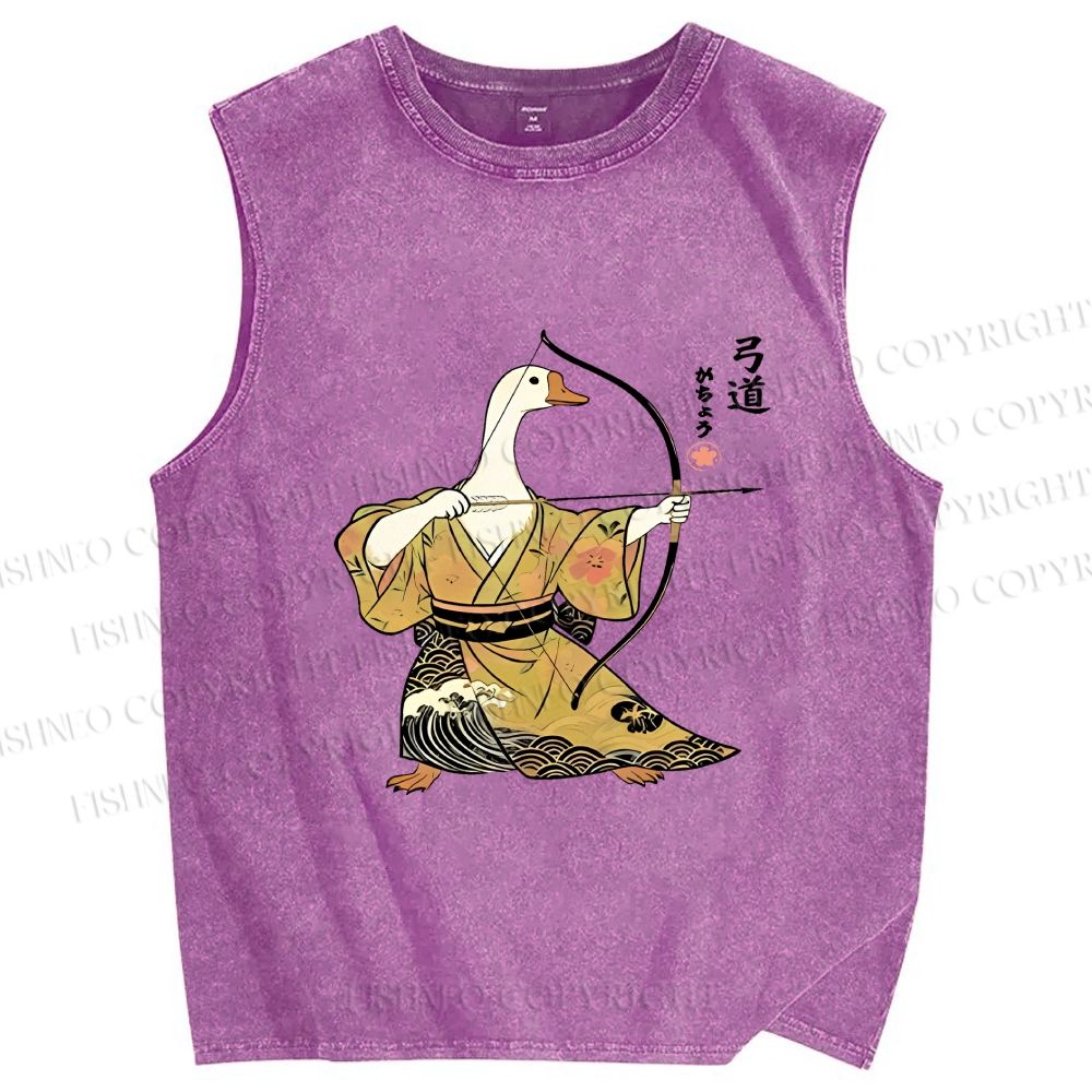 Unisex Goose In Kimono With Bow Printed Washed Tank Top
