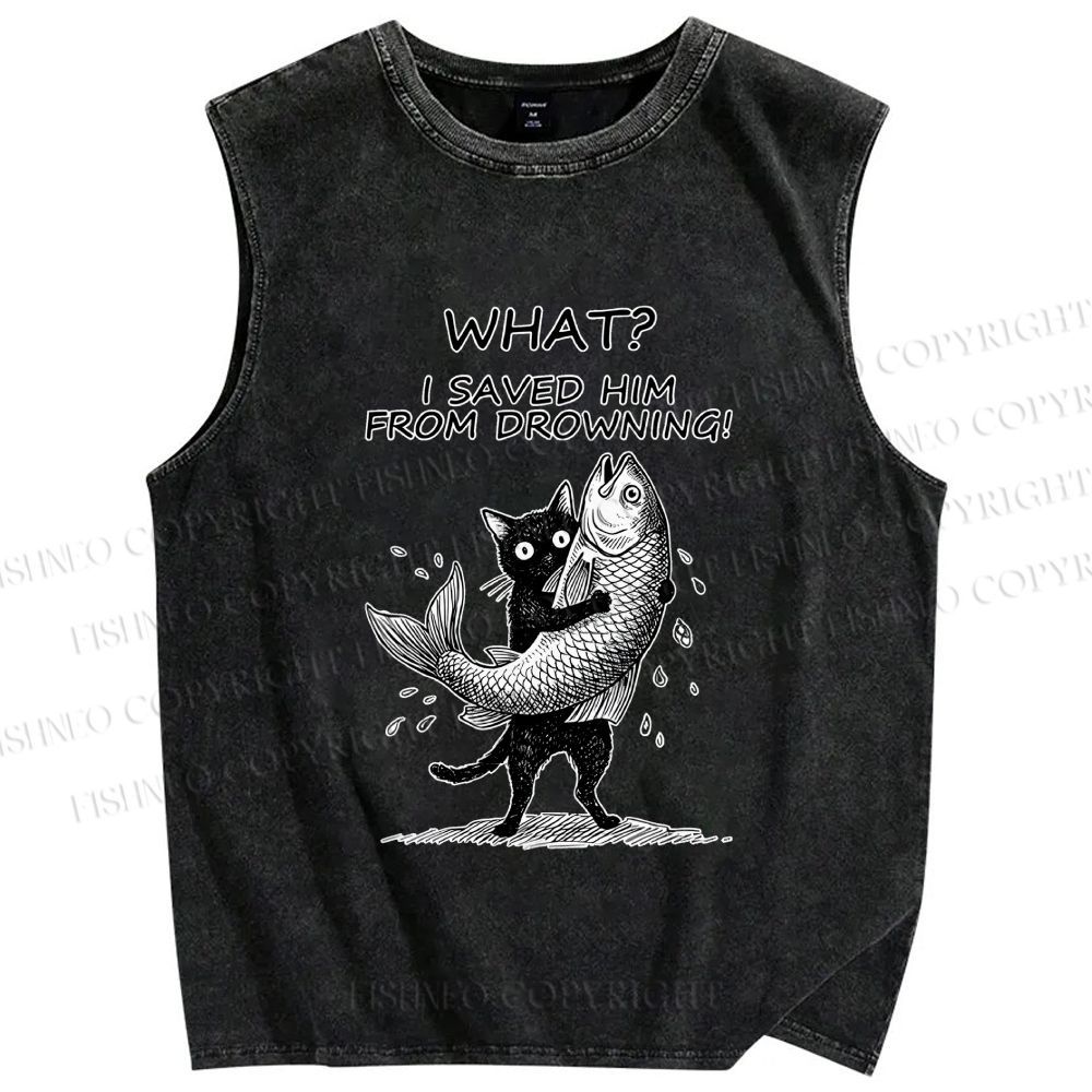 Unisex Cat Claims Fish Saving Meme Printed Washed Tank Top