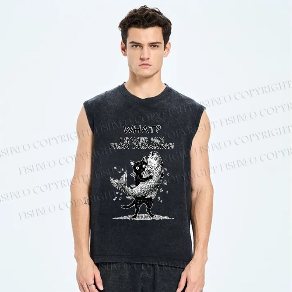Unisex Cat Claims Fish Saving Meme Printed Washed Tank Top