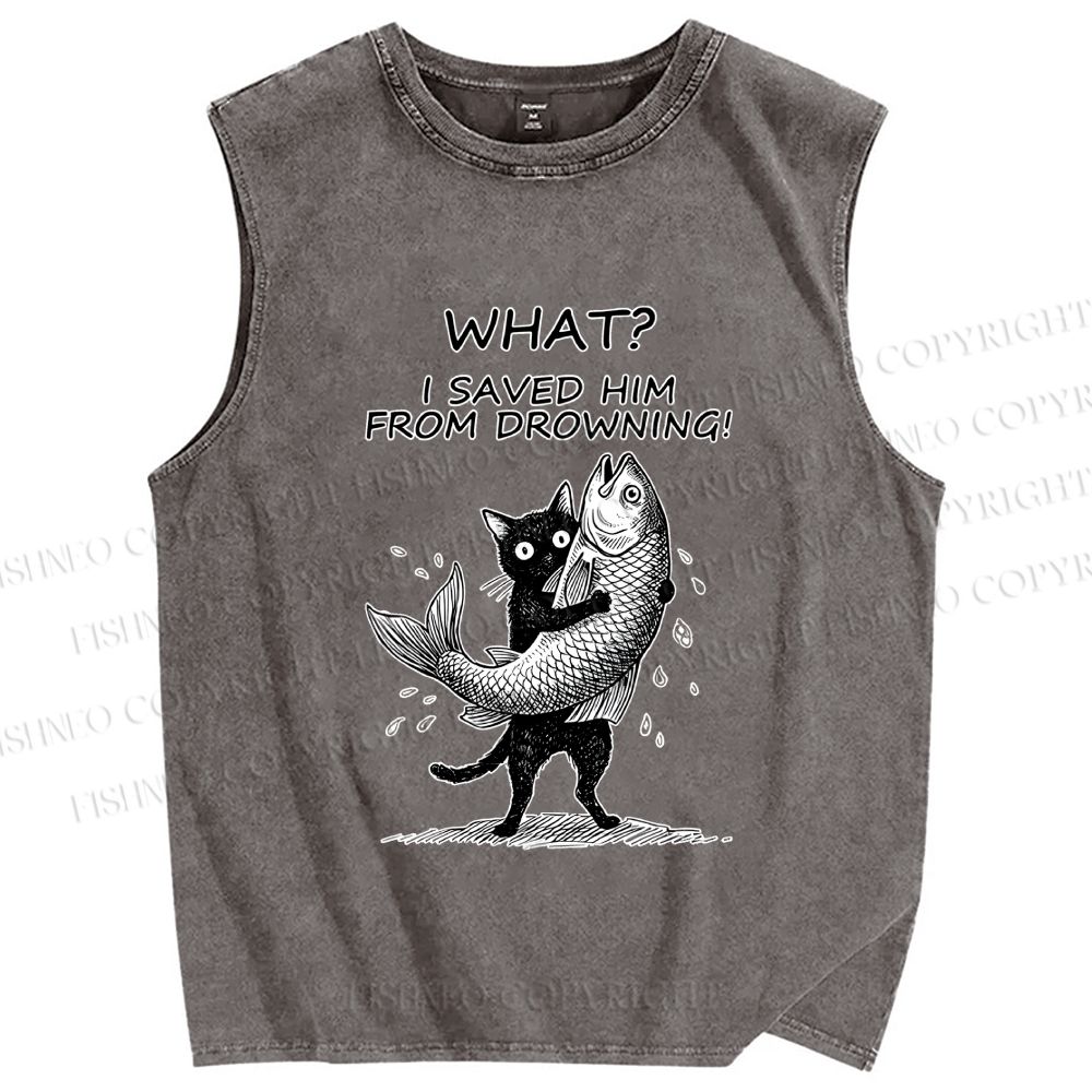 Unisex Cat Claims Fish Saving Meme Printed Washed Tank Top