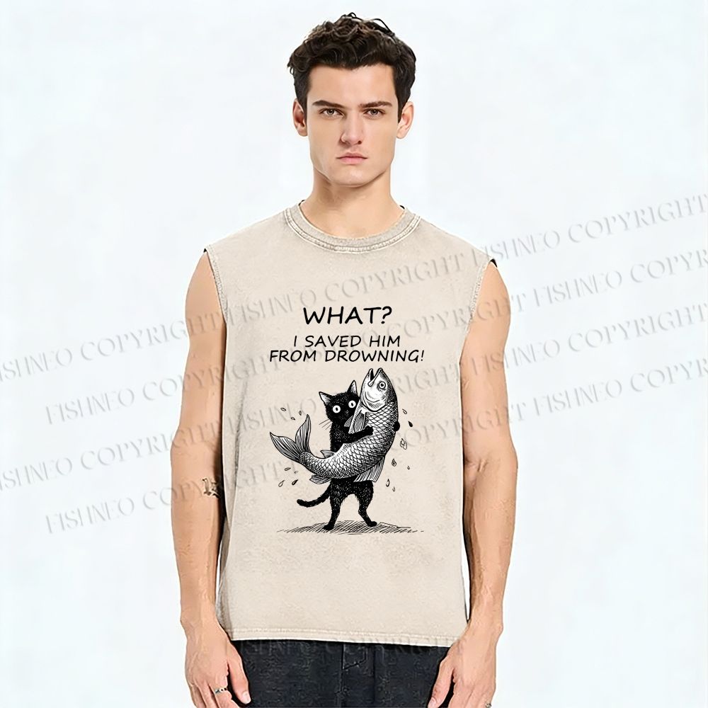 Unisex Cat Claims Fish Saving Meme Printed Washed Tank Top