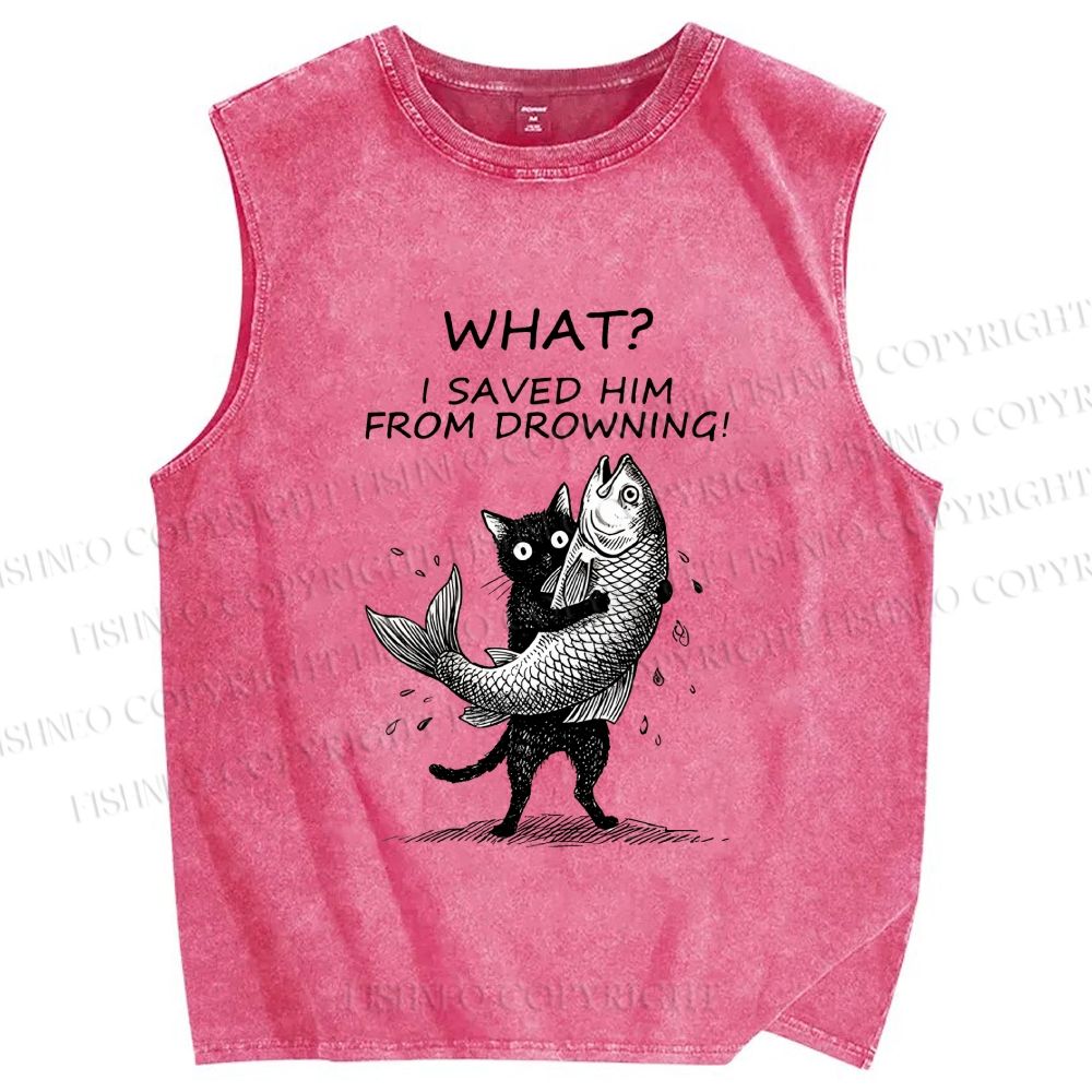 Unisex Cat Claims Fish Saving Meme Printed Washed Tank Top