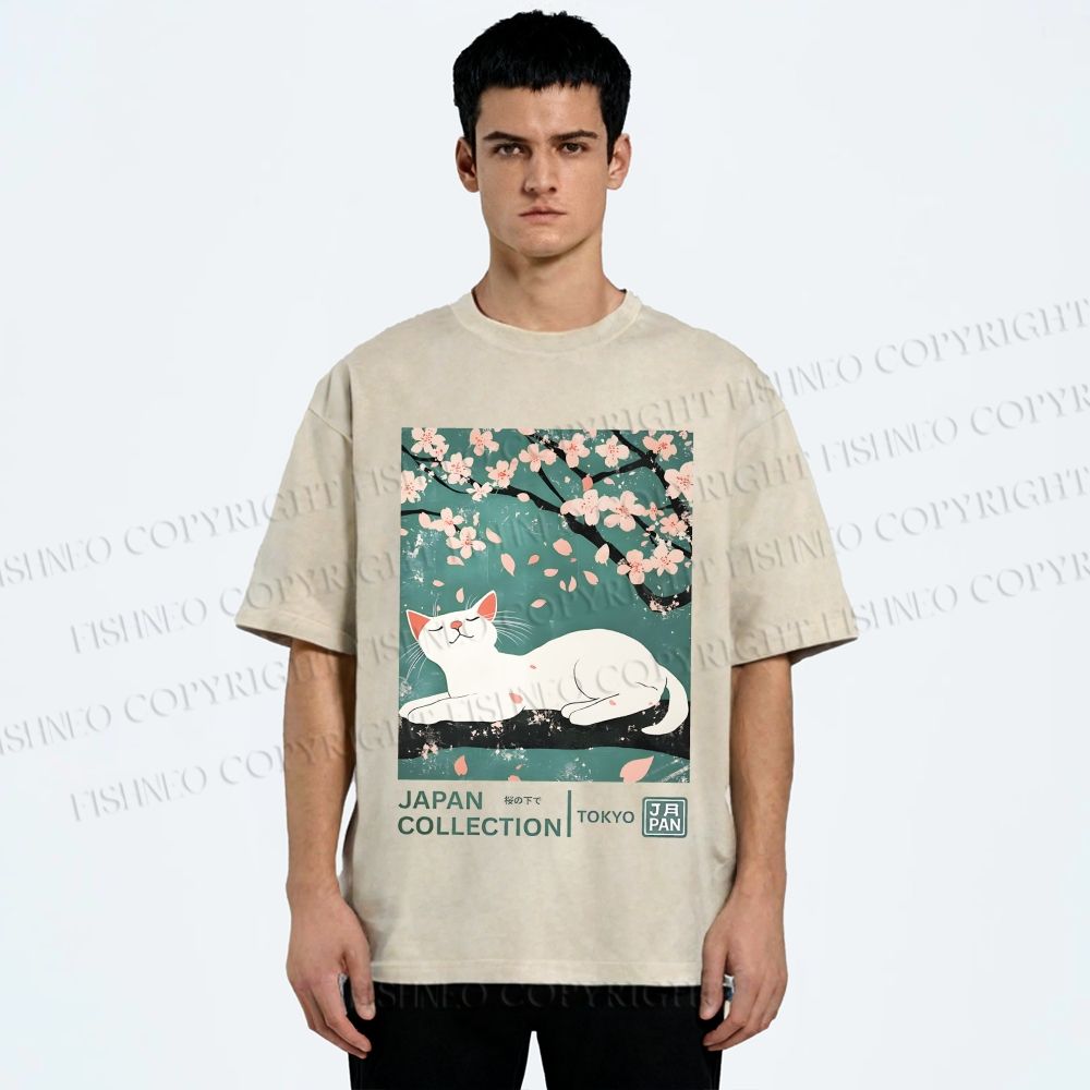 Unisex Cherry Blossom Tree Cat Printed Washed Tee