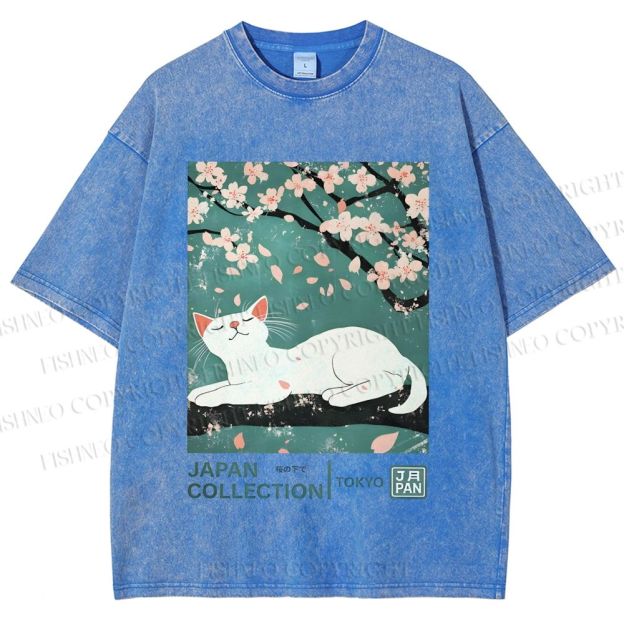 Unisex Cherry Blossom Tree Cat Printed Washed Tee