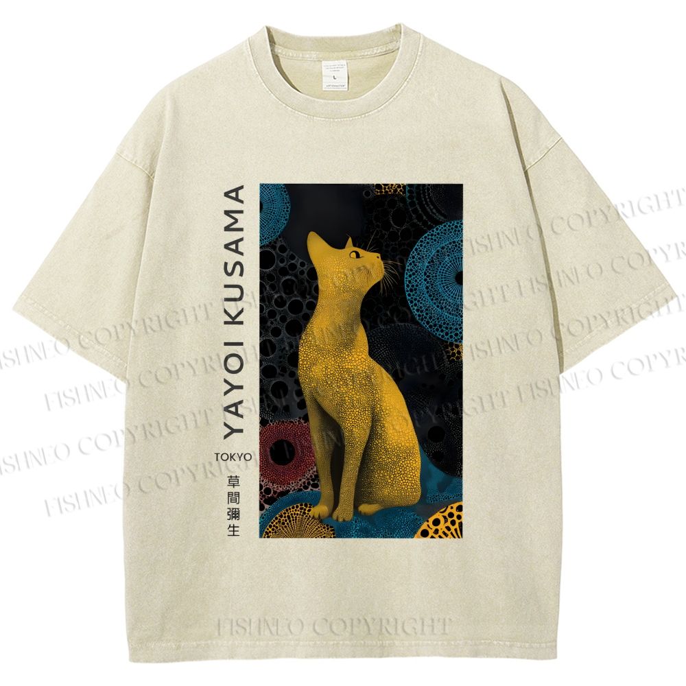 Unisex Yayoi Kusama Cat Printed Washed Tee