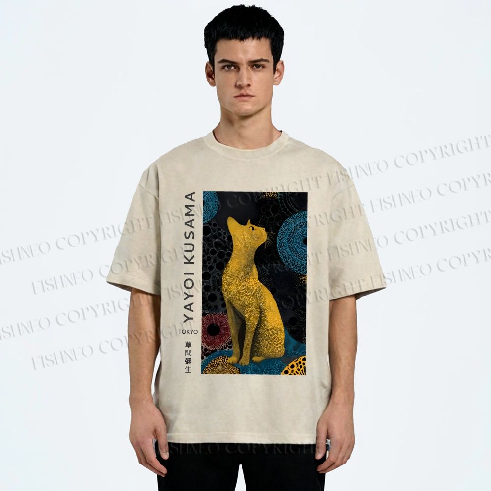 Unisex Yayoi Kusama Cat Printed Washed Tee