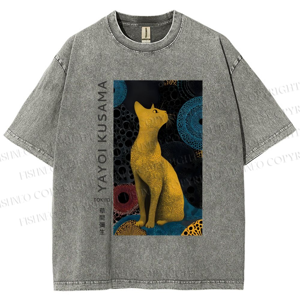 Unisex Yayoi Kusama Cat Printed Washed Tee