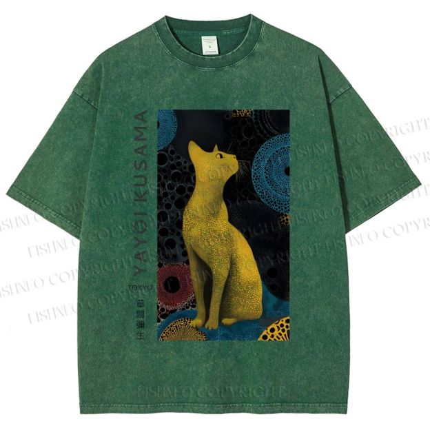 Unisex Yayoi Kusama Cat Printed Washed Tee