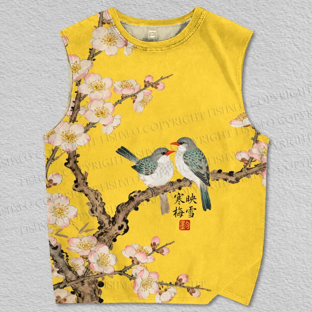 Unisex Vintage Bird in Flowers Printed Tank Top