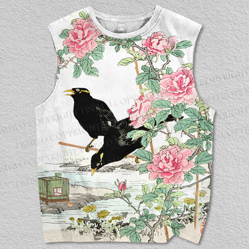 Unisex Vintage Black Birds Printed Tank Top