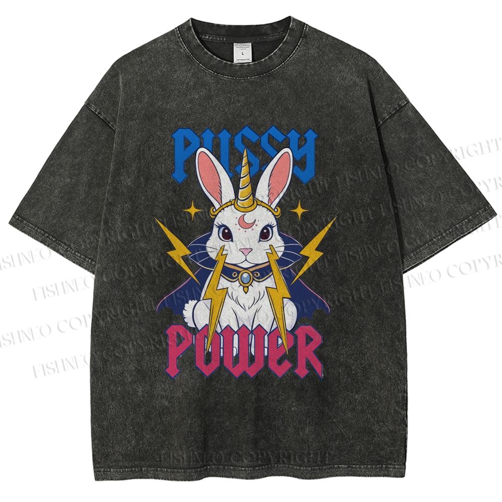 Unisex Pussy Power Magic Bunny Printed Washed Tee