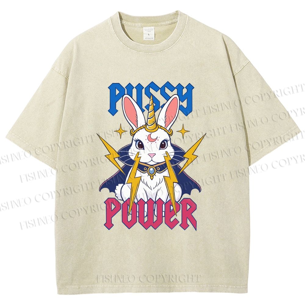 Unisex Pussy Power Magic Bunny Printed Washed Tee