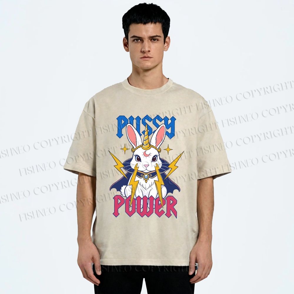 Unisex Pussy Power Magic Bunny Printed Washed Tee