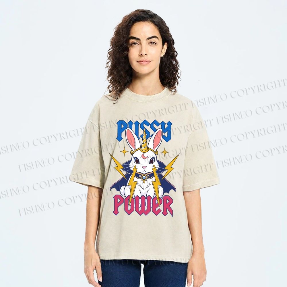 Unisex Pussy Power Magic Bunny Printed Washed Tee