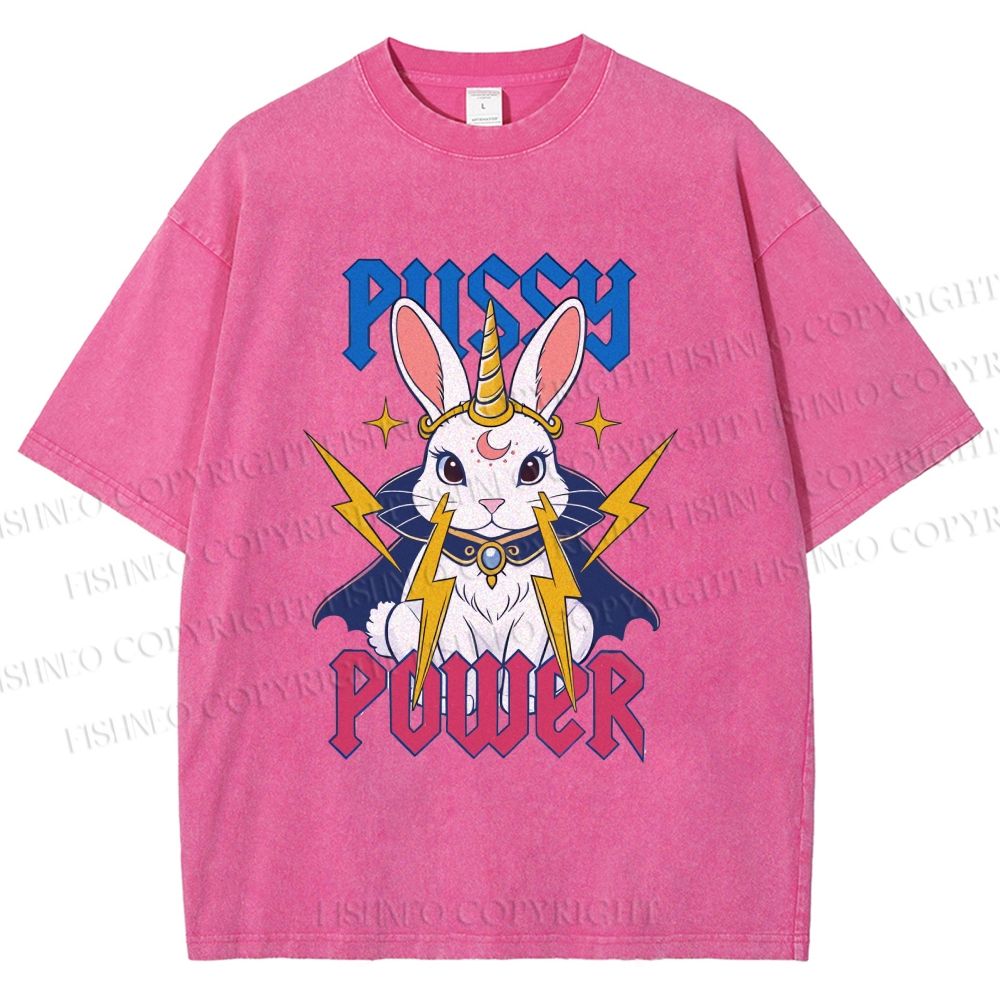 Unisex Pussy Power Magic Bunny Printed Washed Tee