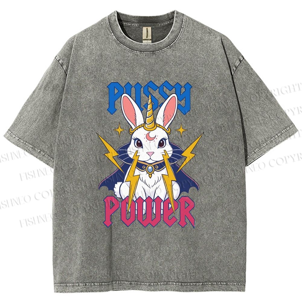Unisex Pussy Power Magic Bunny Printed Washed Tee