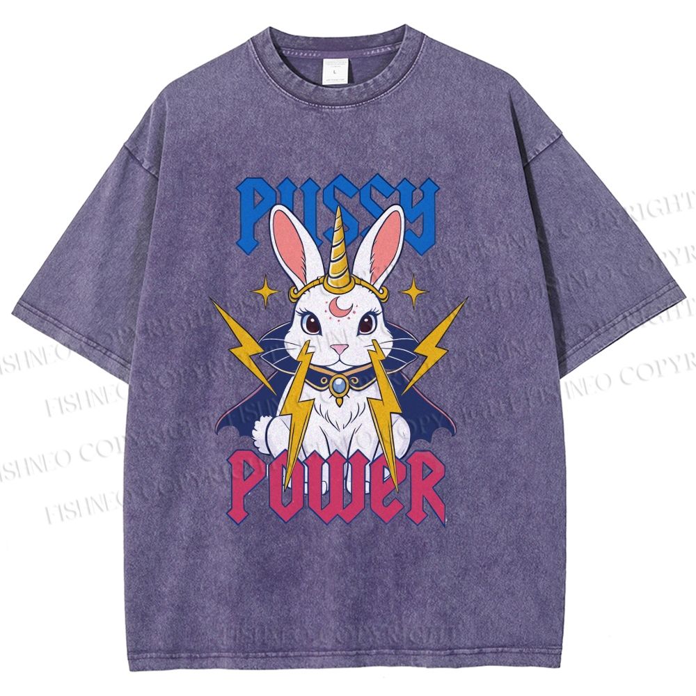 Unisex Pussy Power Magic Bunny Printed Washed Tee