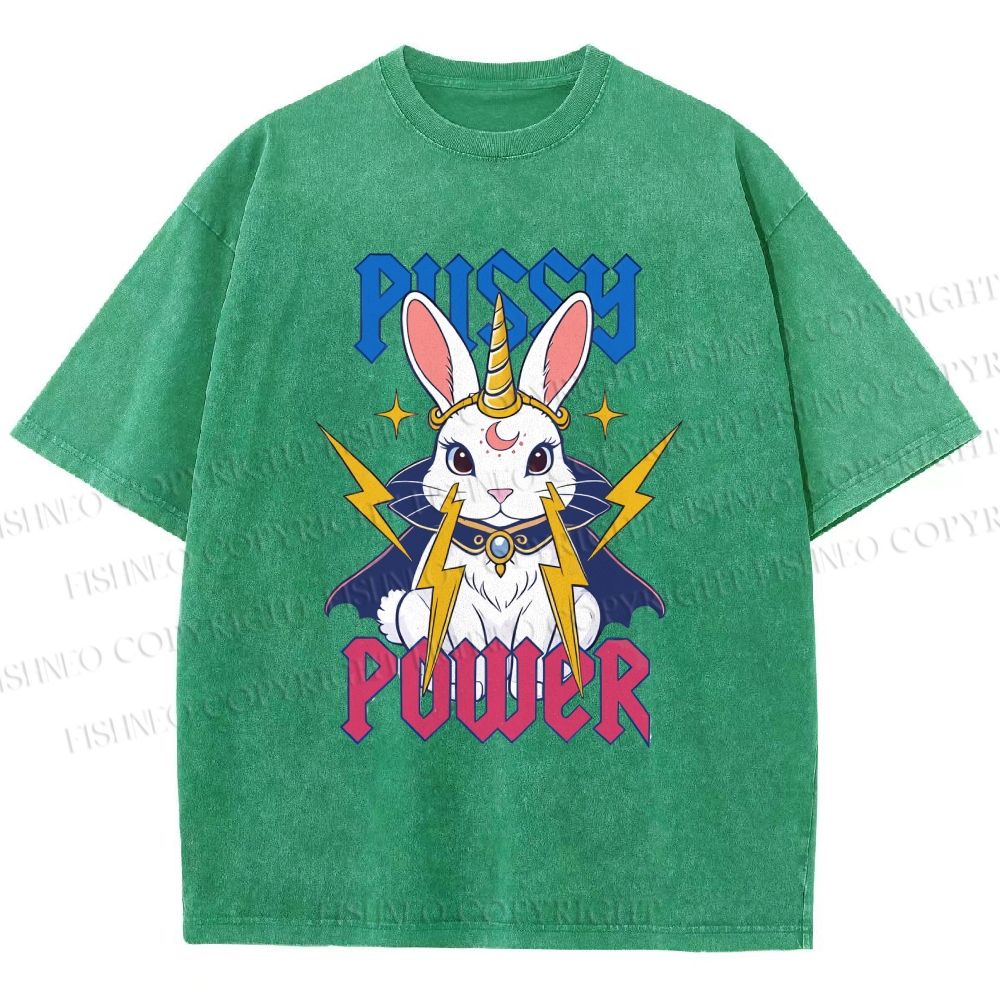Unisex Pussy Power Magic Bunny Printed Washed Tee