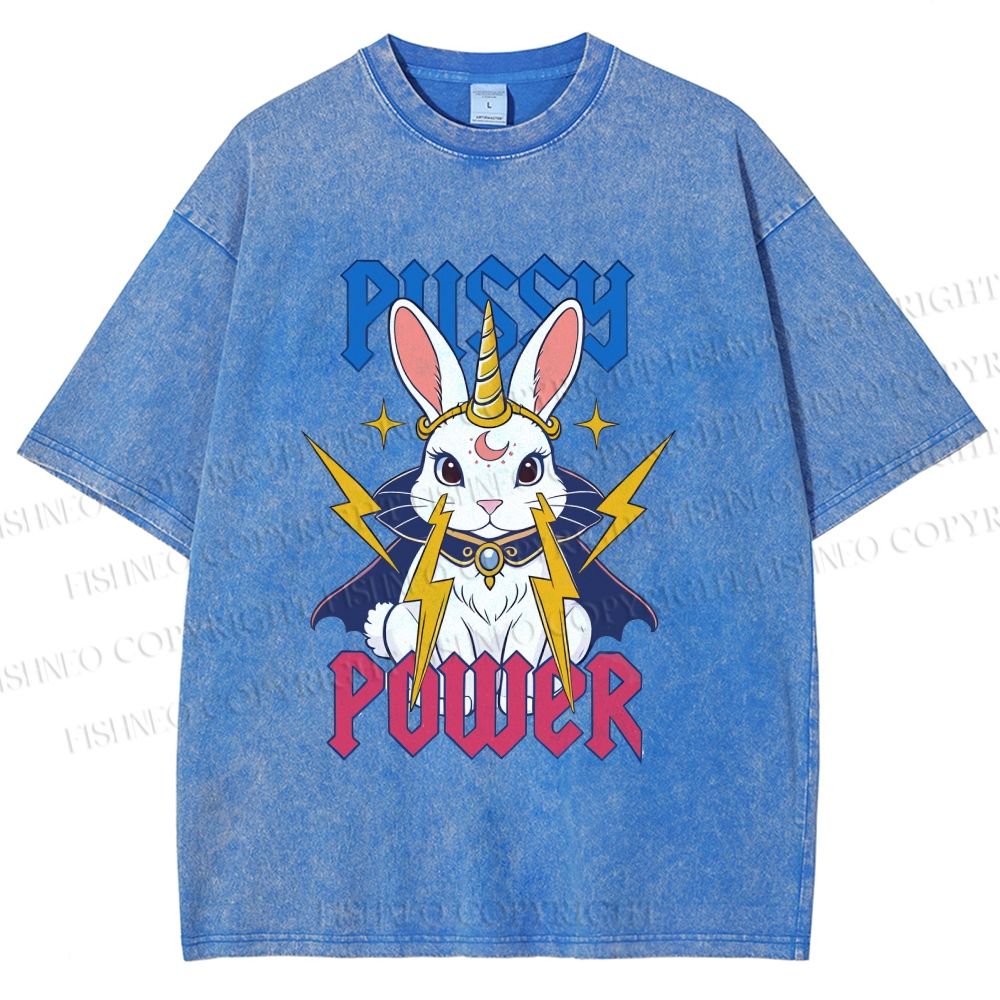 Unisex Pussy Power Magic Bunny Printed Washed Tee