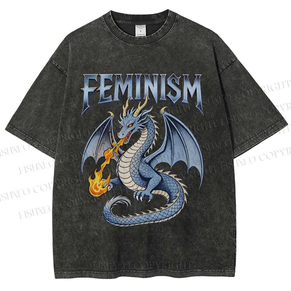 Unisex Feminism Dragon Fantasy Printed Washed Tee
