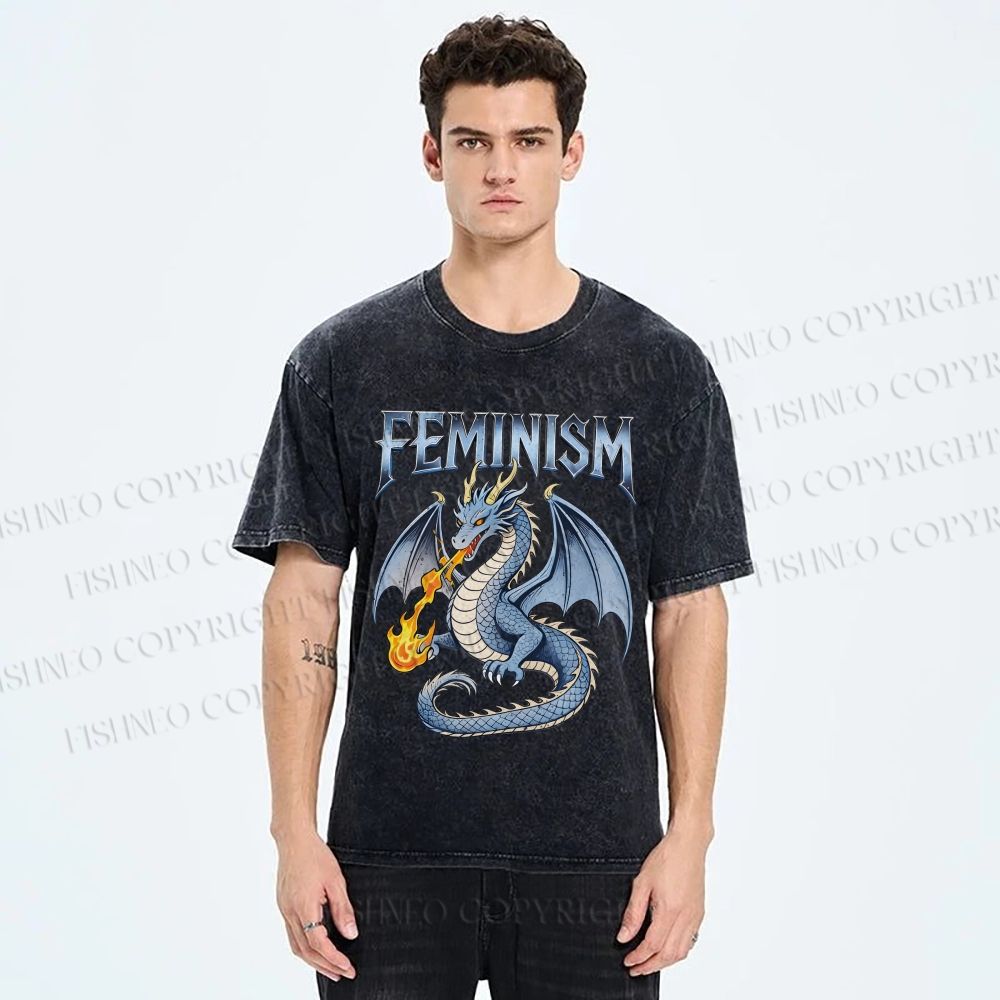 Unisex Feminism Dragon Fantasy Printed Washed Tee