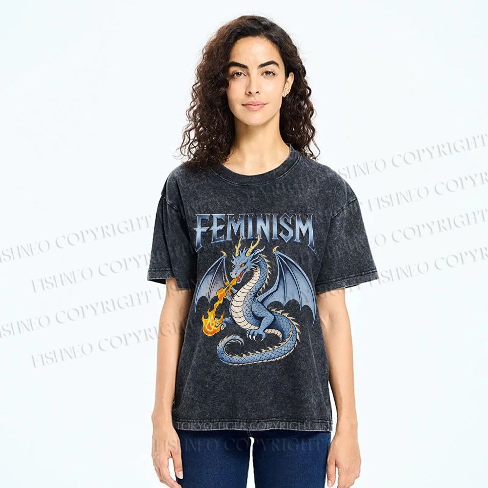 Unisex Feminism Dragon Fantasy Printed Washed Tee